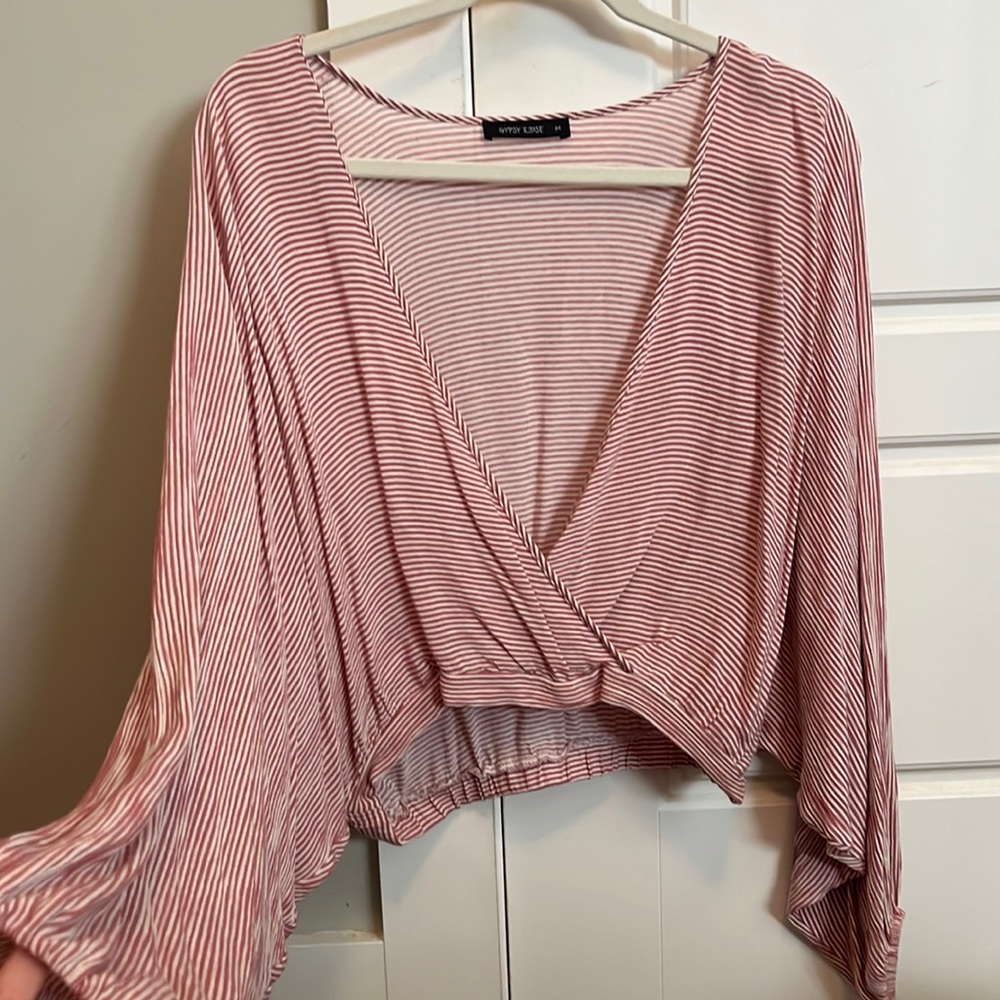 Muted Red and white pinstripe balloon sleeve blouse
